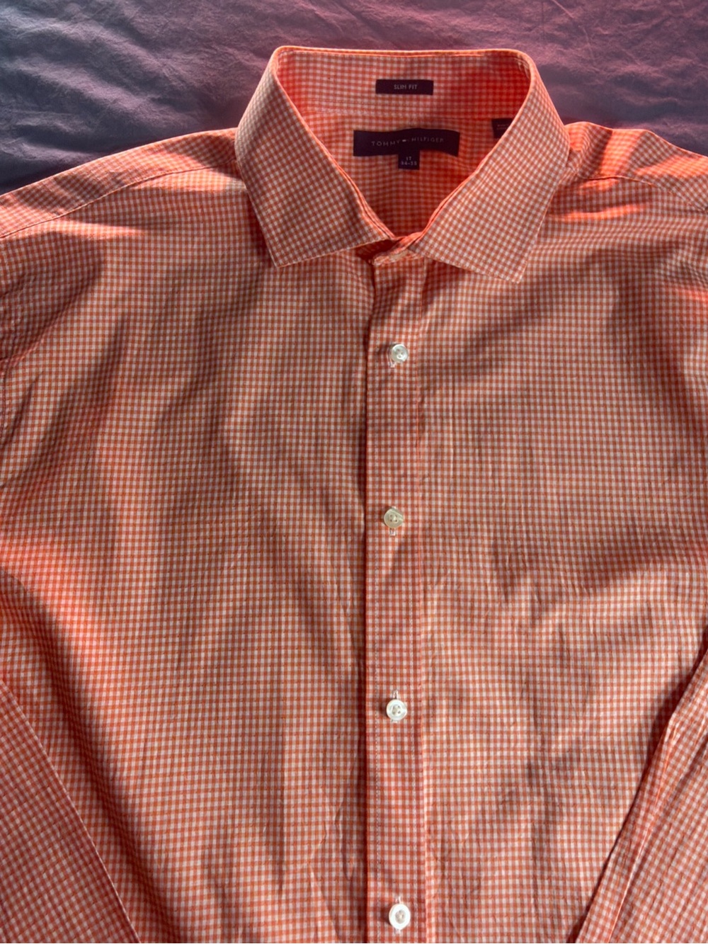 Tommy Hilfiger Orange and White Gingham Slim Fit Dress Shirt